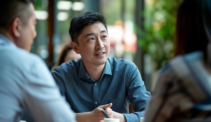 Asian Man Conversing with Friends at Café - obrazy, fototapety, plakaty