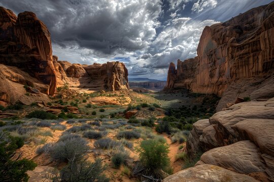 Wide-angle capture of Arches National Park reveals towering canyons, desert trails, and lush shrubs under a vast, cloudy sky.