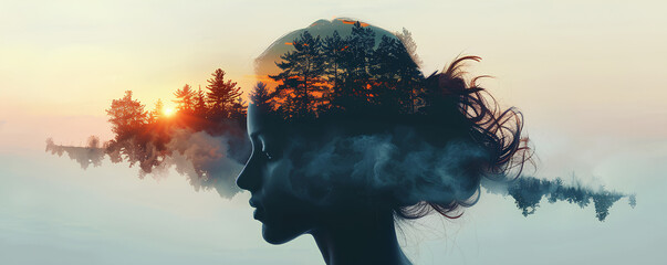 Silhouette of a woman with nature - obrazy, fototapety, plakaty