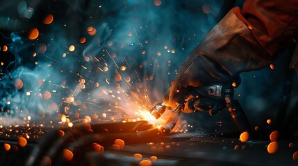Welder hands with machine working in industry wearing gloves welding metal with flame. - obrazy, fototapety, plakaty