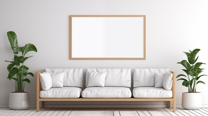 a white couch with pillows and a frame on the wall