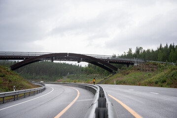 highway in Norway in a mountain bend over which a bridge has been built for animals.