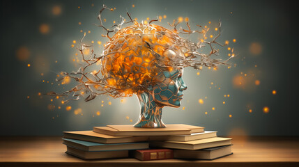 Bright mind in a state of brainstorming with synapses firing and books levitating