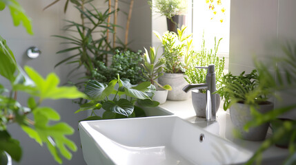 Fototapeta na wymiar Close-up of a modern bathroom sink with running water, surrounded by vibrant green houseplants and natural light