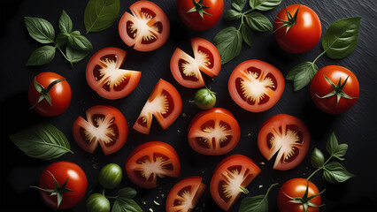 Tomato slices with leaves on a black surface. Top view, fruits and vegetables