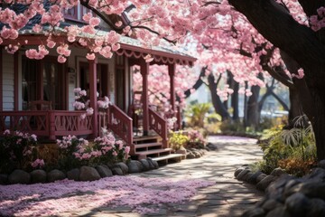 Fototapeta na wymiar Cherry blossom trees surround a house with a porch and stairs