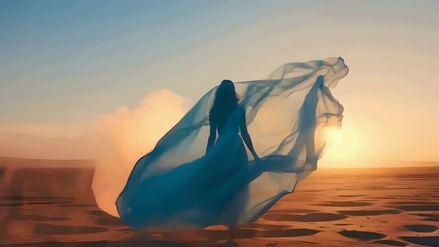 A blue thin bed sheet made of light silk vertically floating around in the air in a desert, a mysterious fairy female is dancing behind the sheet. golden hour