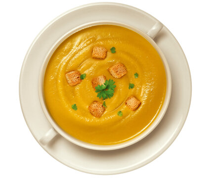 tigela com sopa de legumes com p&atilde;o torrado visto de cima isolado em fundo transparente