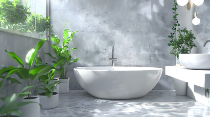 Fototapeta premium The image captures a stylish bathroom with a freestanding tub, a concrete backdrop, and vibrant green plants