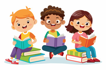 kids with books vector art illustration