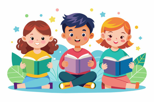 kids with books vector art illustration
