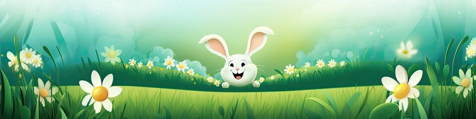 Happy smiling and laughing baby bunny on a meadow with pastel green, spring background as banner