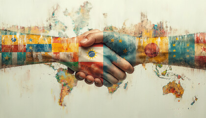 Strong Handshake: Hands Painted in Colors of World Flags as a Symbol of International Friendship - obrazy, fototapety, plakaty