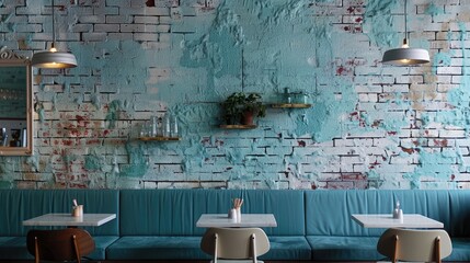 Vintage style brick wall decorated with light blue tones. It has a distinctive texture that adds character to period architecture. - obrazy, fototapety, plakaty