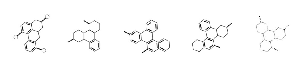Molecules and structural compounds on a white background. A set of five molecule icons. A large collection of scientific molecular icons. Vector illustration.