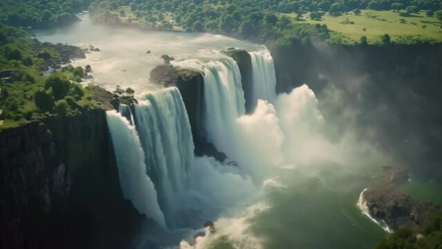 Stunning aerial photos of majestic waterfalls cascading down sheer cliffs. Surrounded by lush greenery