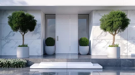 Fotobehang Main door to the luxury house with spring decoration, beautiful elegant entrance to the house, modern and elegant door, Spring time, Mockup © iv work