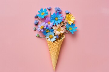 Summer background. Postcard. Flowers, ice cream. bouquet. Spring. March 8. Birthday - obrazy, fototapety, plakaty