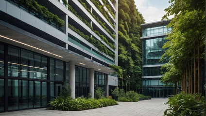 Modern office building surrounded by greenery, showcasing sustainability efforts to reduce heat and CO emissions.