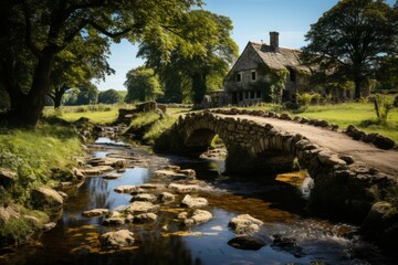 Fototapeta na wymiar Stone bridge over water with house and trees in natural landscape