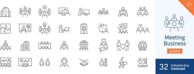 Set of 32 Meeting Business web icons in line style. leader, manager, event, business, communication. Vector illustration. 