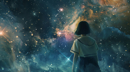 Amidst the void a girl in a Japanese school uniform eyes as deep as the universe stares into the infinite cosmos.  - obrazy, fototapety, plakaty