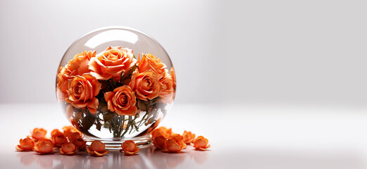 glass crystal ball with orange roses like romantic luxury background with copy space and the concept of color of the year peach fuzz orange 13-1023