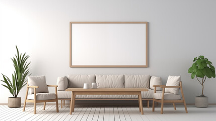 a white couch and two chairs in a room with a large frame on the wall