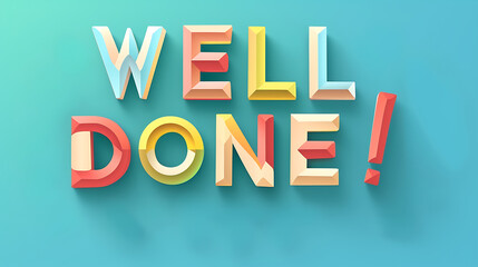 “Well Done!” Celebration Message - colorful, three-dimensional letters against a soft teal background, conveying a message of congratulations and achievement - obrazy, fototapety, plakaty