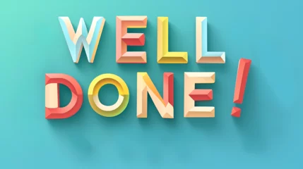 Tuinposter “Well Done!” Celebration Message - colorful, three-dimensional letters against a soft teal background, conveying a message of congratulations and achievement © DavoeAnimation