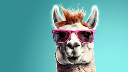 Creative animal concept, camel wearing sunglasses visor - obrazy, fototapety, plakaty