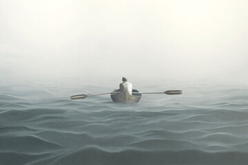 Illustration of man paddling on a canoe lost in the sea, abstract solitude concept