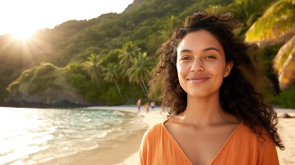 Smiling young mixed race woman having fun on the beach. Skipping along the water's edge gleefully. - obrazy, fototapety, plakaty