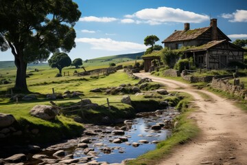 Fototapeta na wymiar A dirt road winds through natural landscape to a countryside house