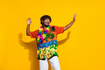 Portrait of satisfied guy with afro hair wear hawaii flower necklace dancing look at promo empty...