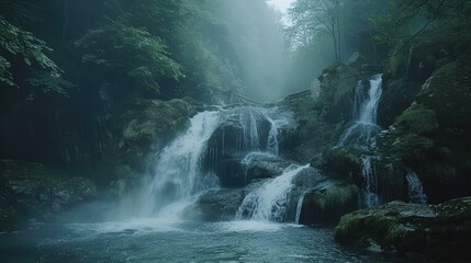 Waterfall on a mountain stream located in a misty forest, natural background - obrazy, fototapety, plakaty