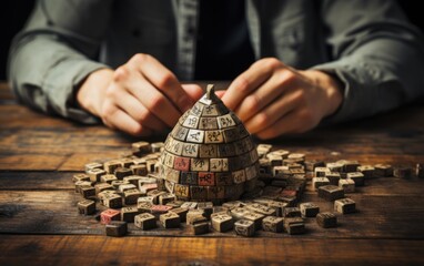 A person is seated at a table, focusing on solving a wooden puzzle - obrazy, fototapety, plakaty