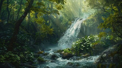Fototapeta na wymiar Waterfall on a mountain stream located in a misty forest, natural background