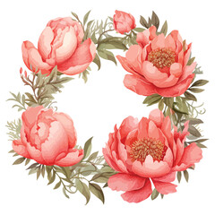 Coral Peony Wreath Clipart isolated on white background