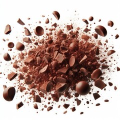 Flying small Chocolate crumbs and pieces isolated on a white background