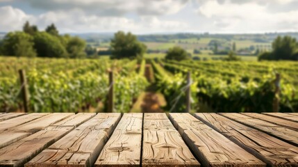 An empty wooden table for product display. Blurred french vineyard in the background - obrazy, fototapety, plakaty