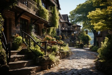 Houselined cobblestone street with trees in a charming village
