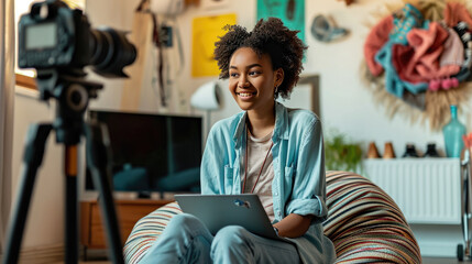 Young woman is smiling while using a laptop, seated in a cozy indoor environment, with a camera on a tripod in the foreground, suggesting she is a content creator or vlogger. - obrazy, fototapety, plakaty