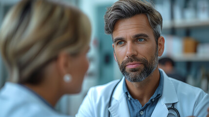 Simple, realistic stock advertising photo of a person talking to their doctor about their headache
