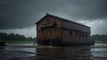 Noah's Ark braving the relentless rain, symbolizing hope and survival in the face of the flood.