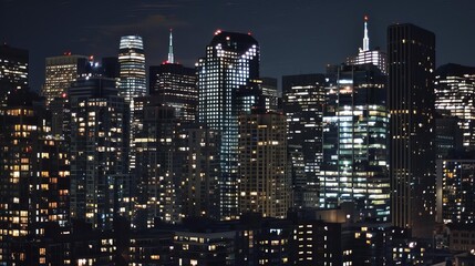 Financial district high rises at night, nighttime skyline
