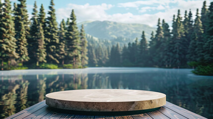 Display stand with natural background at lake, pine forest and mountains. Ai generate.