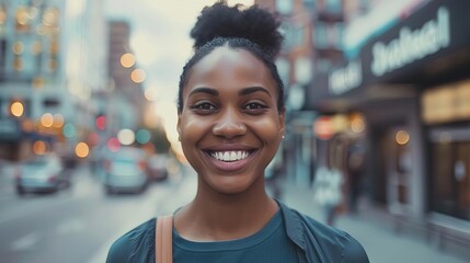 Happy african american woman smiling in the city. Closeup Portrait of a happy african girl standing on a city street. African american with perfect white teeth closeup. - obrazy, fototapety, plakaty