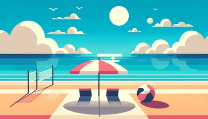 Fototapeta na wymiar Illustration of a beach volleyball setup with umbrella
