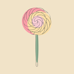 A pink and yellow lollipop is placed on top of a green stick, creating a vibrant and colorful treat that is ready to be enjoyed